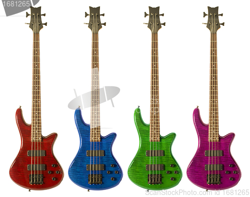 Image of Multi-colored bass guitars 