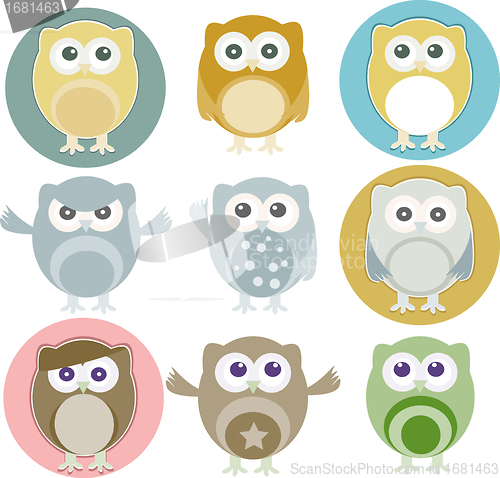 Image of Vector illustration of colorful owls with nine color