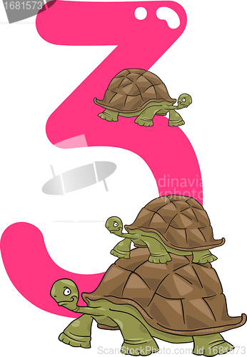 Image of number three and 3 turtles