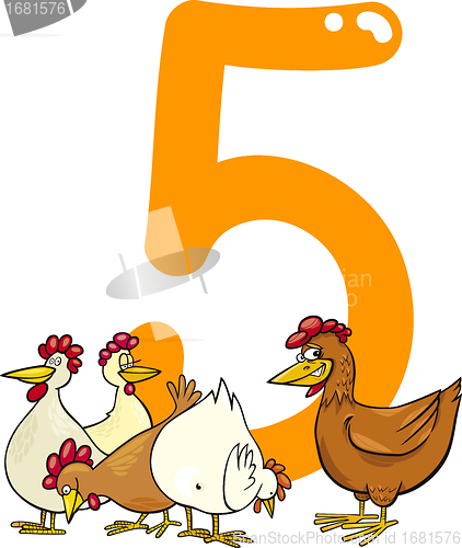 Image of number five and 5 hens