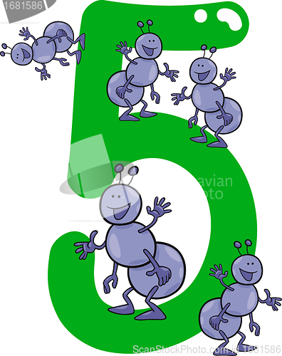 Image of number five and 5 ants