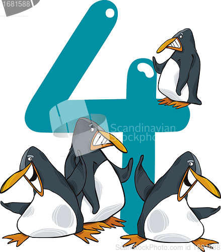 Image of number four and 4 penguins