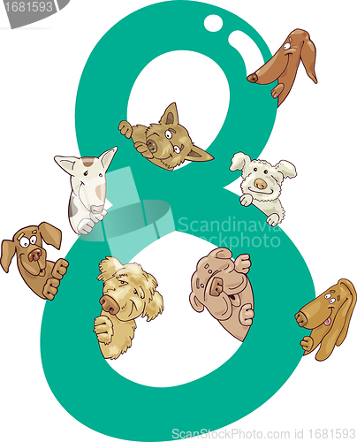 Image of number eight and 8 dogs