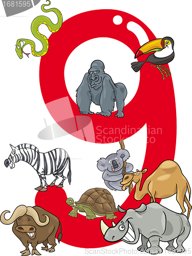 Image of number nine and 9 animals