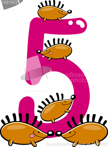 Image of number five and 5 hedgehogs