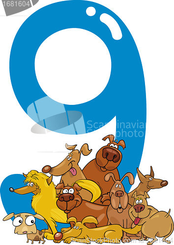 Image of number nine and 9 dogs