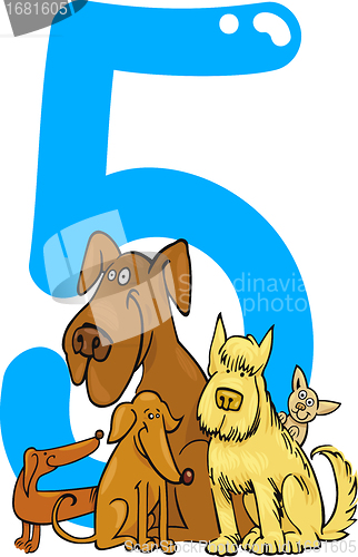 Image of number five and 5 dogs