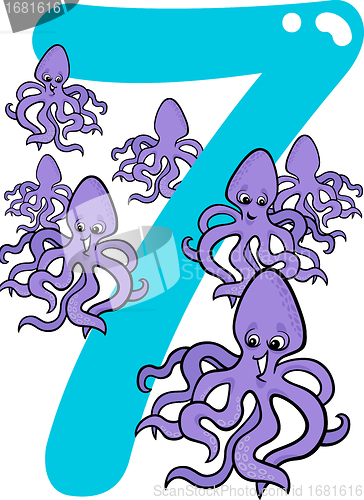 Image of number seven and 7 octopuses