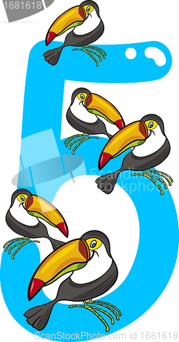 Image of number five and 5 toucans
