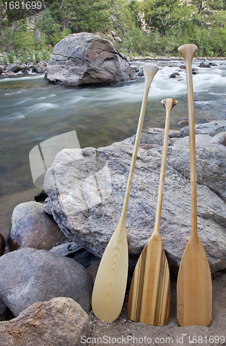 Image of canoe paddles and river