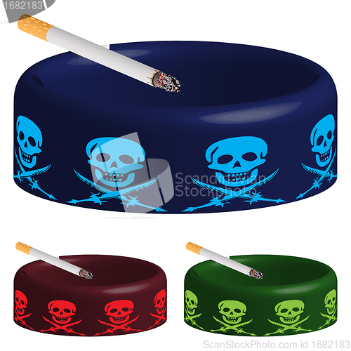 Image of ashtray with skuls and cigarette