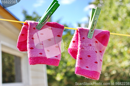 Image of Pink baby sock hanging on the clothesline