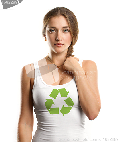 Image of Woman With Recycling Symbol Looking on Camera
