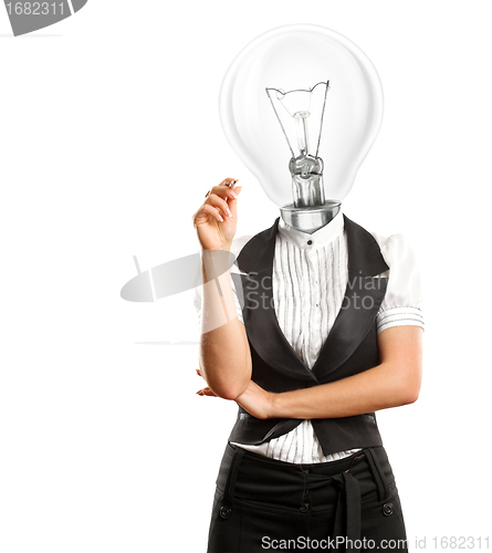 Image of Lamp Head Businesswoman Writing Something