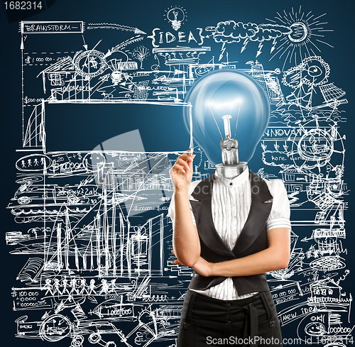 Image of Lamp Head Businesswoman Writing Something