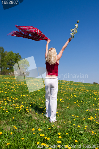 Image of young woman with a red scarf on a meadow