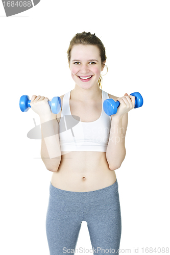 Image of Happy active girl holding weights