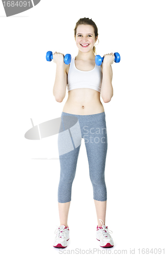 Image of Happy active girl holding weights