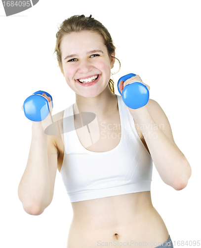 Image of Fit active girl exercising with weights