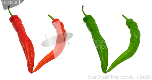 Image of Letter V composed of green and red chili peppers