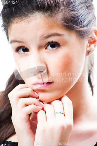 Image of portrait of beautiful  teenager girl on isolated white