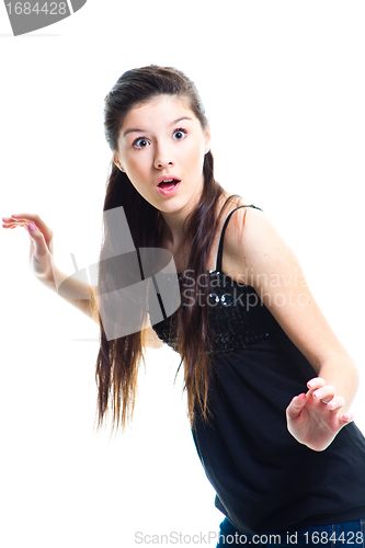 Image of surprised  teenager girl with long dark hair on isolated white