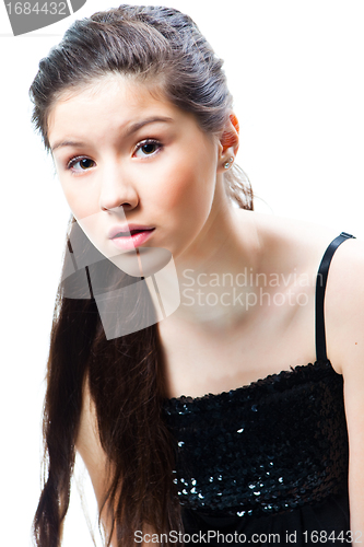 Image of beautiful  teenager girl with long dark hair on isolated white