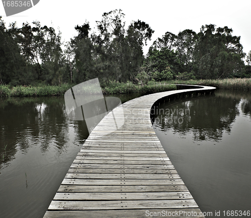 Image of boardwalk through water to forest