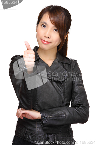 Image of asian woman with thumb up over white background