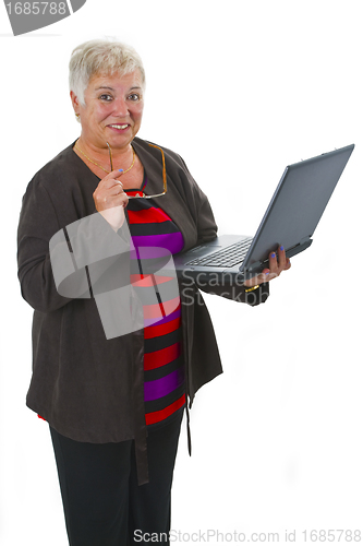 Image of Happy female senior with laptop