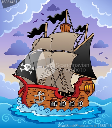 Image of Pirate ship in stormy sea