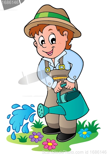 Image of Cartoon gardener with watering can