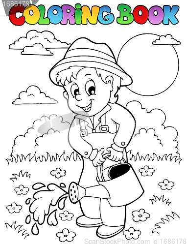 Image of Coloring book garden and gardener