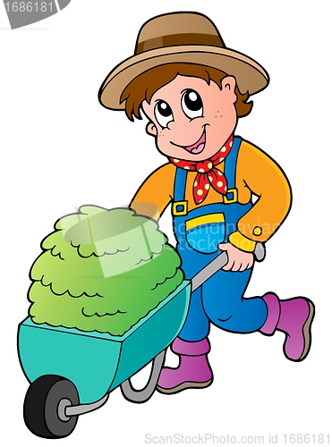 Image of Cartoon farmer with small hay cart