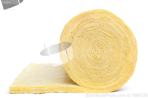 Image of Roll of fiberglass insulation material, isolated on white background.