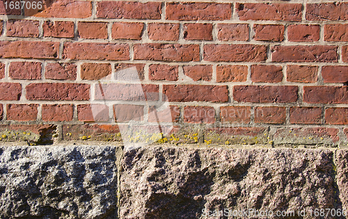 Image of Background red brick wall stone house foundations 