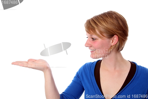 Image of Woman with Palm of hand up in profile