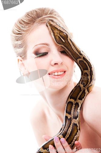 Image of Beautiful woman holding python on isolated white