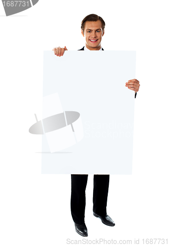 Image of Business executive promoting big blank banner ad