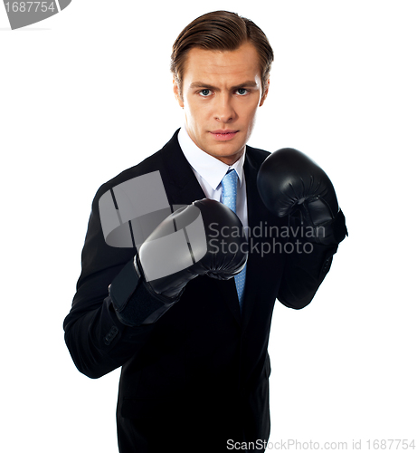 Image of Handsome businessman posing in boxing gloves
