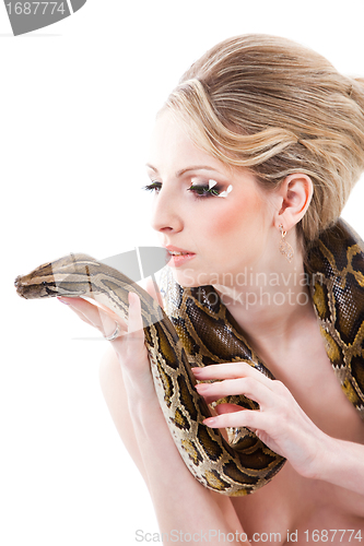 Image of Beautiful woman holding Python on isolated white