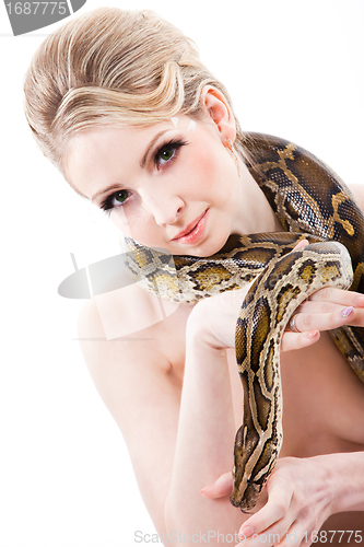 Image of Beautiful woman holding Python on isolated white