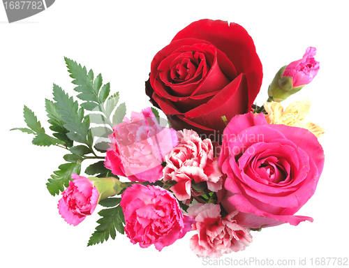 Image of Bouquet of orange, pink and red flowers