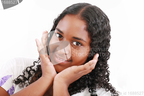 Image of young woman smiling, isolated on white