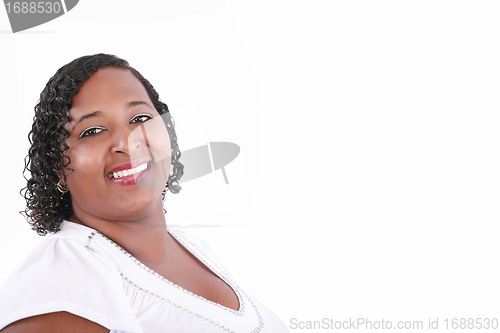 Image of close up of plus size black model smiling, copyspace on white