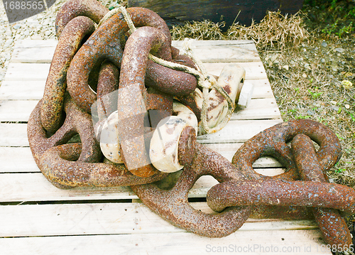 Image of rusted chains at a boatyard. 