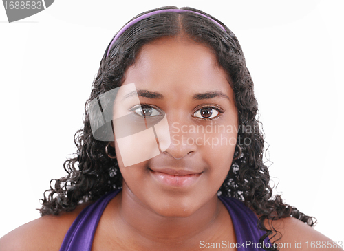 Image of Portrait of a young beautiful african woman, isolated over white