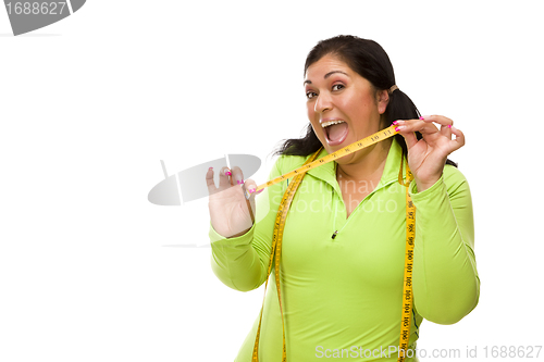 Image of Hispanic Woman In Workout Clothes with Tape Measure