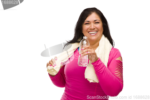 Image of Hispanic Woman In Workout Clothes with Water and Towel