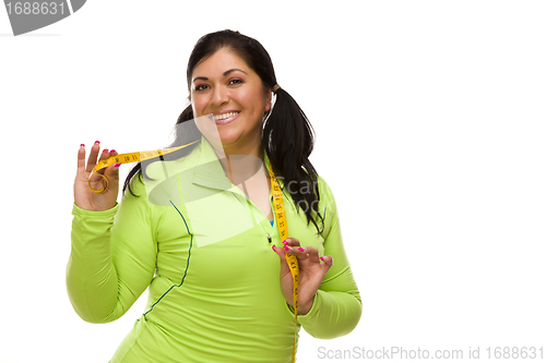Image of Hispanic Woman In Workout Clothes with Tape Measure